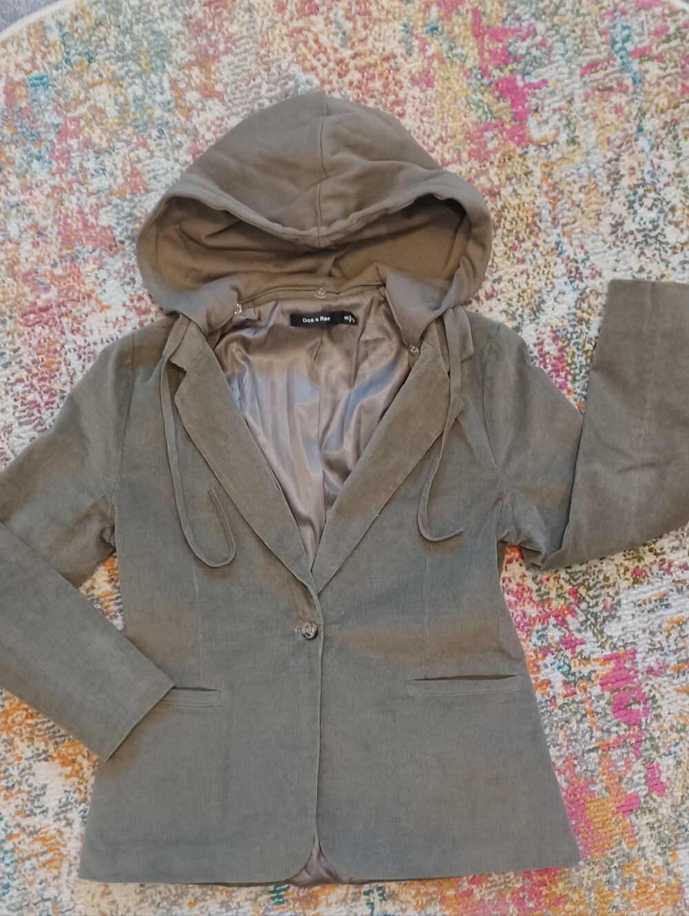 Doe & Rae Olive Green Cordoury Hooded Blazer Preppy Size Small
